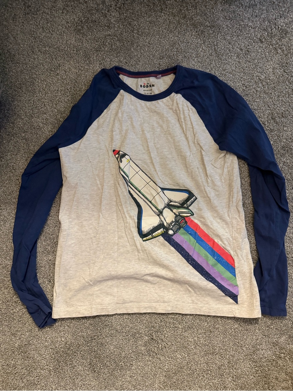 Boden Navy & Heather Gray Rocket Raglan Long Sleeve Tee with Rainbow Trail
